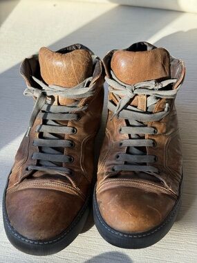 Lanvin Grey/Brown Leather High-Top Sneakers with Gray Laces